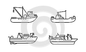 Set of fishing ships. Sea trawler vessel. Fishing boats side view