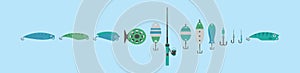 Set of fishing tackle cartoon icon design template with various models. vector illustration isolated on blue background