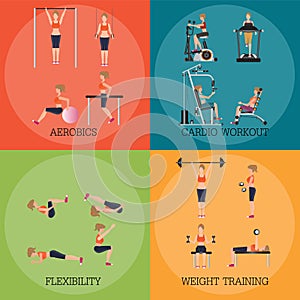 Set of fitness aerobic strength and body shaping exercises.