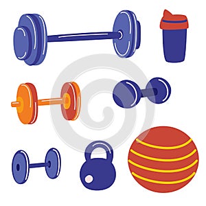 Set of fitness and bodybuilding equipment. Home gym set. Sport healthy life concept. Fitness activity concept. Sport gym cartoon