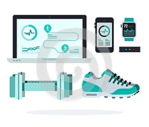 Set of fitness equipment, app devices and sport shoes vector icon flat isolated.