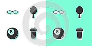 Set Fitness shaker, Glasses for swimming, Billiard pool snooker ball and Racket playing table tennis icon. Vector