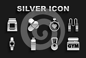 Set Fitness shaker, Jump rope, Sports nutrition, Kettlebell, Smartwatch, Heart in the center stopwatch, and icon. Vector