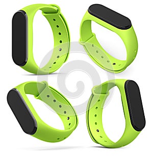 Set of fitness trackers or smart watches with heart rate monitor on white