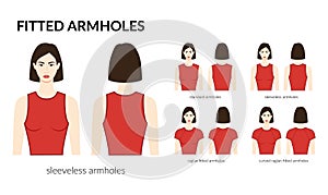 Set of Fitted armhole short length standard, sleeveless, curved raglan sleeves clothes technical fashion illustration
