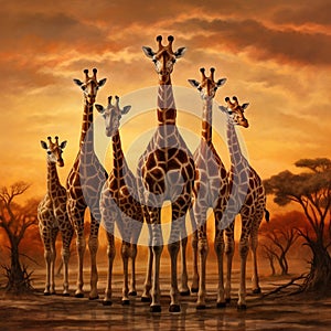 Set of five african giraffes in different posings