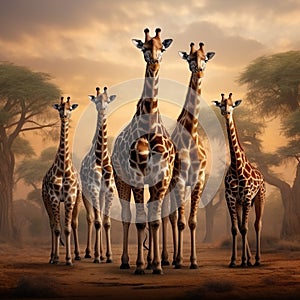 Set of five african giraffes in different posings