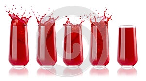 Set of five berry red cold juices in glass with reflection, calm and with bright splashes, drops flying, swirl isolated on white