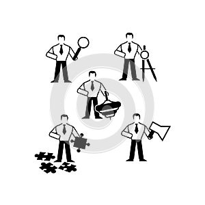 Set of five black and white business icons, which symbolize the search, design, activity, ability to solve problems and sociabilit