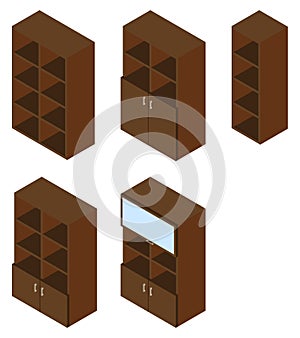 Set of five book cupboards. Isometric.