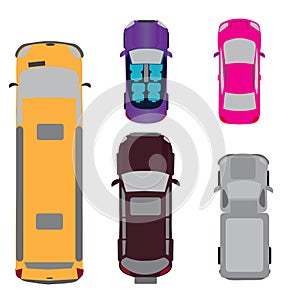 A set of five cars. Coupe, convertible, SUV, passenger van, minivan. View from above. illustration