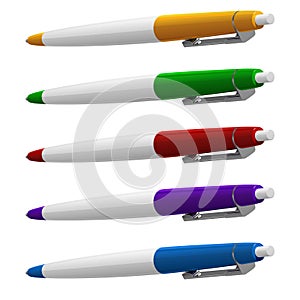 Set of five colored ballpoint pens with buttons and metal clips