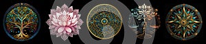 Set of five colorful detailed round inner-peace themed mandalas isolated on black. Generative ai.