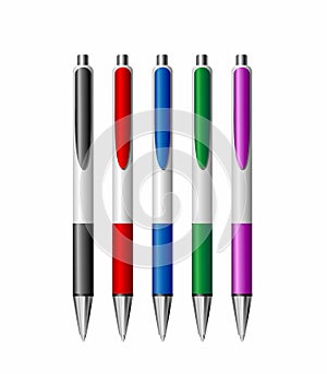 Set of five colorful realistic pens