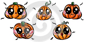 Set of five cute Halloween pumpkins. White background.