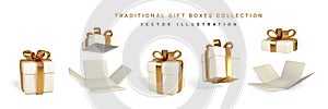 Set of five 3D render and draw by mesh realistic gift box with bow. Paper box with shadow isolated on white background. Vector