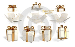 Set of five 3D render and draw by mesh realistic gift box with bow. Paper box with shadow isolated on white background. Vector