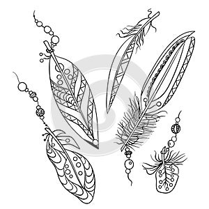 Set of five feathers in tribal american ethnic style in coloring