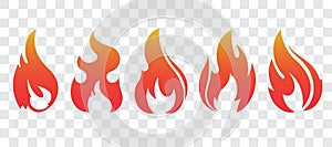 Set of five fire icons for your design. Blazing flame, fire, bonfire vector illustration in flat style