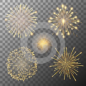 Set of five fireworks bursting in various shapes. Firework explosion in night. Firecracker rockets bursting in big