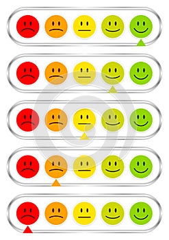 Set Of Five Horizontal Barometer With Faces Showing Mood Color And Silver