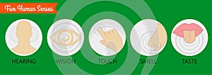 Set of five human senses: vision (eye), smell (nose), hearing (ear), touch (hand), taste (mouth with tongue) . Vector illustration