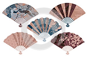 Set of five Japanese fans with different images