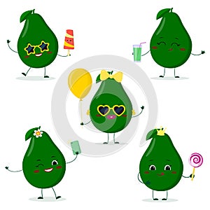 A set of five Kawaii cute avocado fruit in cartoon style. In glasses with ice cream, with a balloon, with a lollipop, with juice,