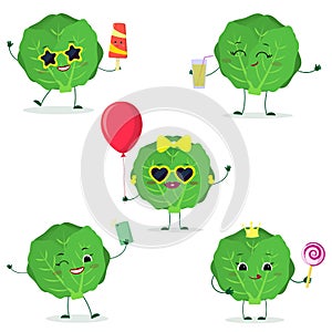 A set of five Kawaii cute cabbage vegetable in cartoon style. In glasses with ice cream, with a balloon, with a lollipop