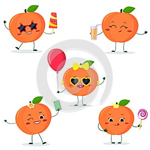 A set of five Kawaii cute peach fruit in cartoon style. In glasses with ice cream, with a balloon, with a lollipop, with