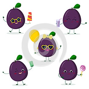 A set of five Kawaii cute plum purple fruit in cartoon style. In glasses with ice cream, with a balloon, with a lollipop, with