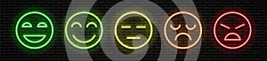 A set of five neon emoticons with different facial expressions.