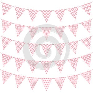 Set Of Five Pennants With Pattern Pink And White