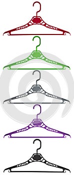 Set of five plastic hangers in different bright colors, arranged vertically one under the other, isolated on a white