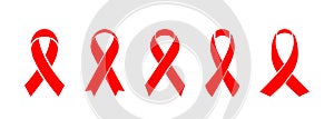 Set of five red AIDS awareness ribbon icon.