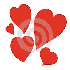 Set of five red hearts, clipart isolated heart love symbol