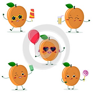 A set of five ripe apricot Smiley in cartoon style. In glasses with ice cream, with a balloon, with a lollipop, with