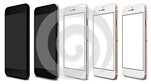 Set of five smartphones gold, rose, silver, black and black polished