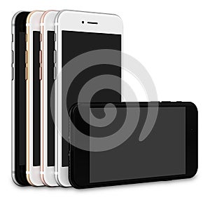 Set of five smartphones gold, rose, silver, black and black polished