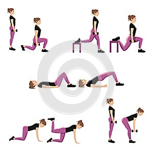 Set of five vector illustrations of glute exercises and workouts.