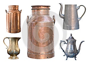 Set of five vintage containers. Brass milk cans, aluminum and metal kettles and a copper jug