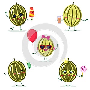 A set of five watermelon Smiley in different poses in a cartoon style.