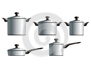 Set of five white cooking pots