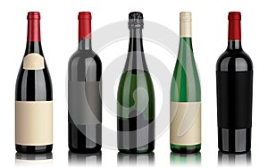 Set of five wine bottles