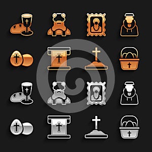 Set Flag with christian cross, Monk, Basket easter eggs, Grave, Easter, Christian icon, Goblet and bread and Priest icon