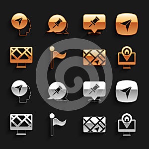 Set Flag, City map navigation, Monitor with location, Gps device, Push pin, Map marker human and icon. Vector