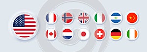 Set of flag icon. United States, Italy, China, France, Canada, Japan, Ireland, Kingdom, Nicaragua, Norway, Switzerland,