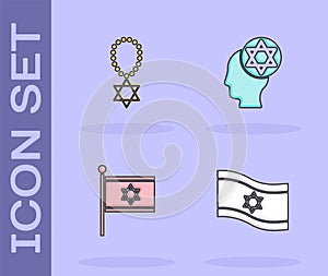 Set Flag of Israel, Star David necklace on chain, and Orthodox jewish hat icon. Vector