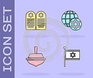 Set Flag of Israel, Tombstone with star david, Hanukkah dreidel and World Globe and icon. Vector