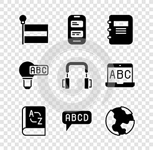 Set Flag, Online translator, Notebook, Translator, Alphabet, Earth globe, Creative lamp light idea and Headphones icon